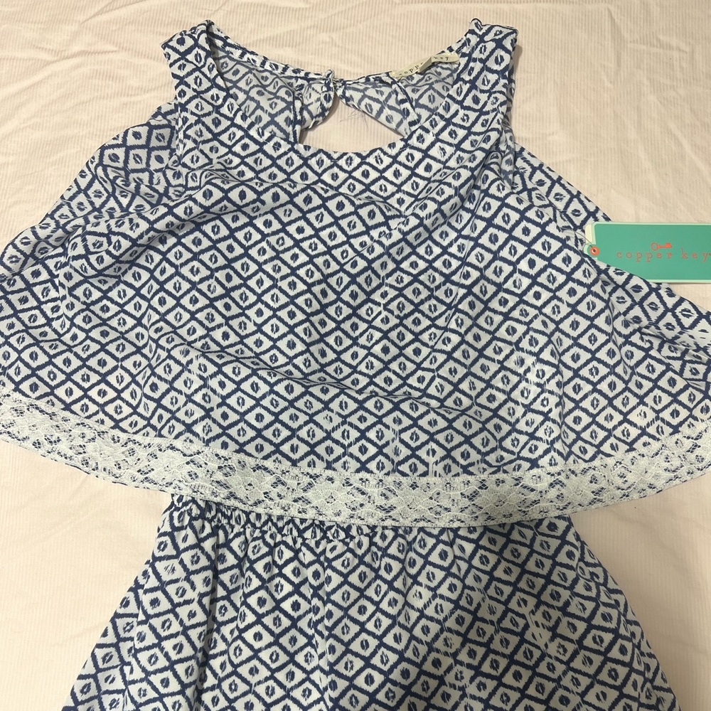 Blue and White Lace Girls Small Dress copper key